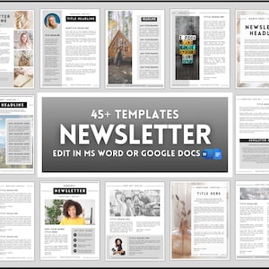 Może przedstawiać: Zbiór ponad 45 szablonów newsletterów w czerni i bieli z szarymi akcentami. Szablony są zaprojektowane do edycji w Microsoft Word lub Google Docs. Tekst na obrazku brzmi "45+ Szablonów Newsletterów Edytuj w MS Word lub Google Docs".