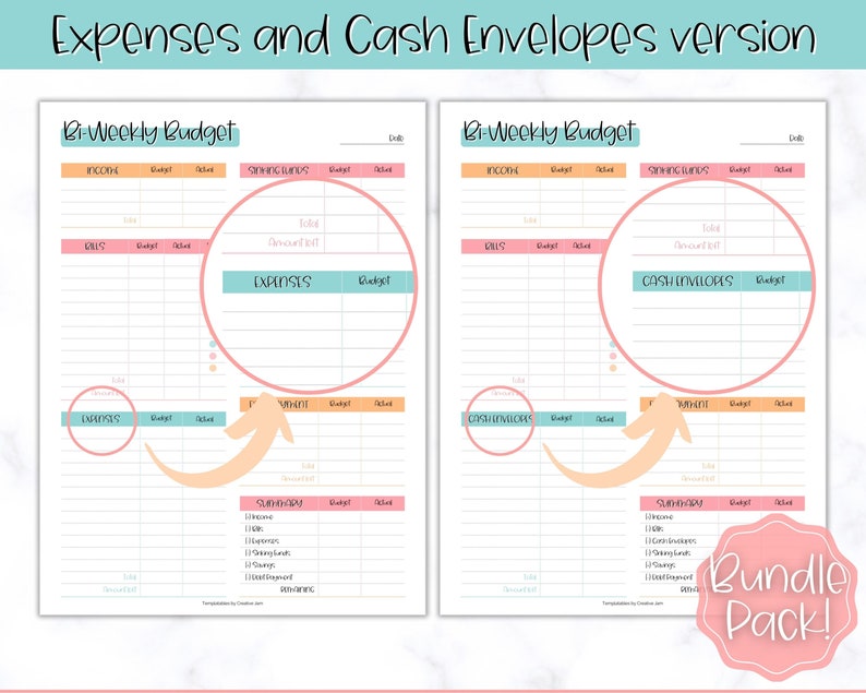 May include: A printable budget planner with two pages. The left page is for tracking expenses and the right page is for tracking cash envelopes. Both pages have sections for income, savings, and a summary.