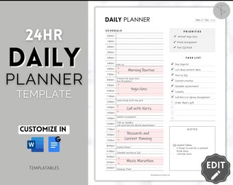 24 hour Daily Planner, EDITABLE Template, Hourly planner, To Do List Printable, Daily Schedule, Work Day Planner, ADHD Tracker, Word, Docs