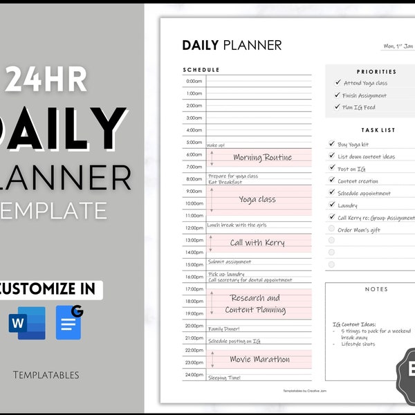 24 hour Daily Planner, EDITABLE Template, Hourly planner, To Do List Printable, Daily Schedule, Work Day Planner, ADHD Tracker, Word, Docs