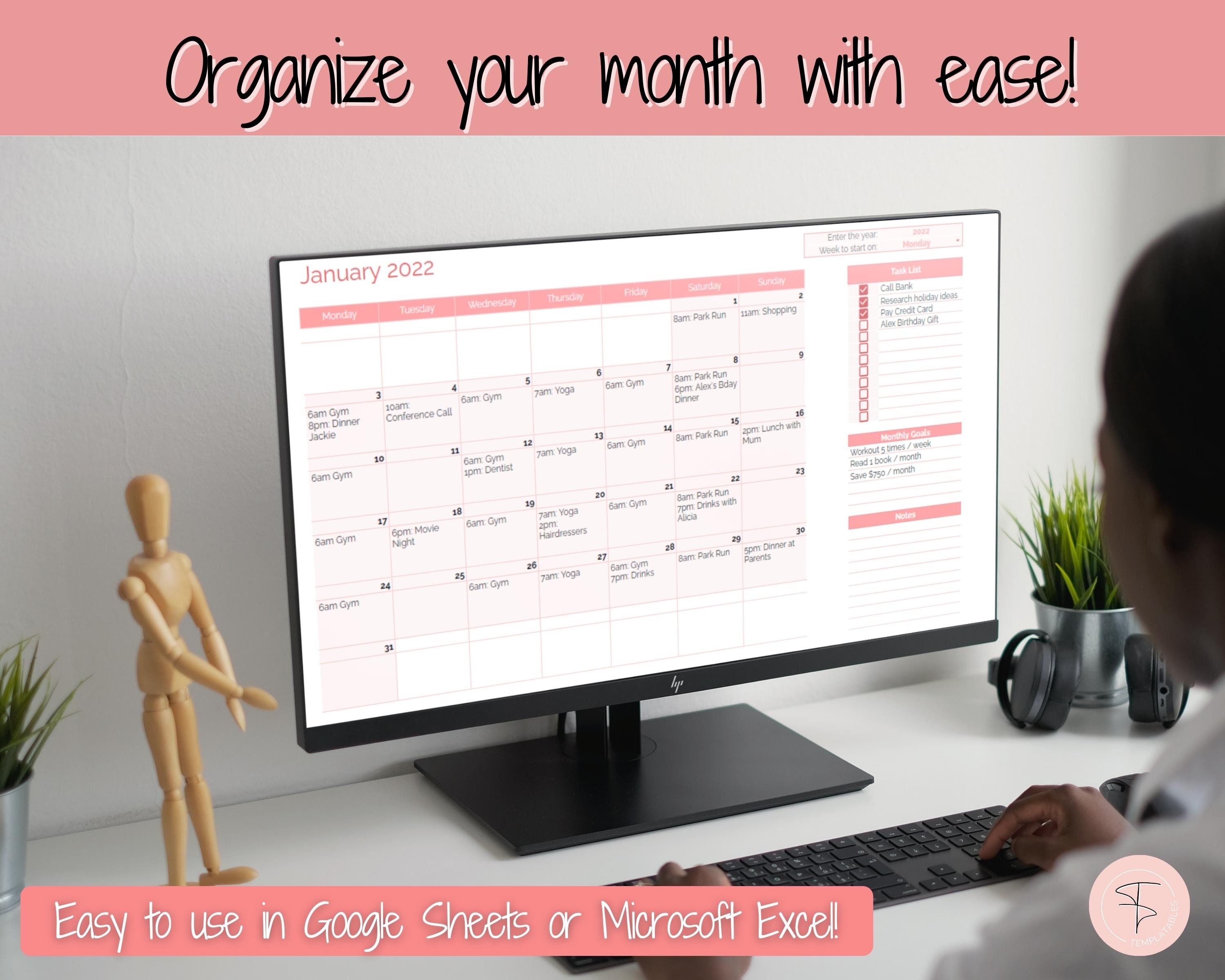 Monthly Calendar Planner Spreadsheet Automated Template | Etsy