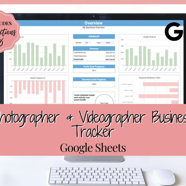 Photography Tracker, Business Spreadsheet, Google Sheets, Monthly Annual Profit Loss, Videography, Photographer Videographer, Income Expense