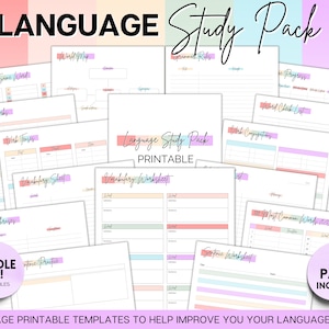 May include: A printable language study pack with 60+ pages of worksheets and templates. The pack includes pages for vocabulary, grammar, sentence practice, and more. The pages are designed with a colourful pastel theme.