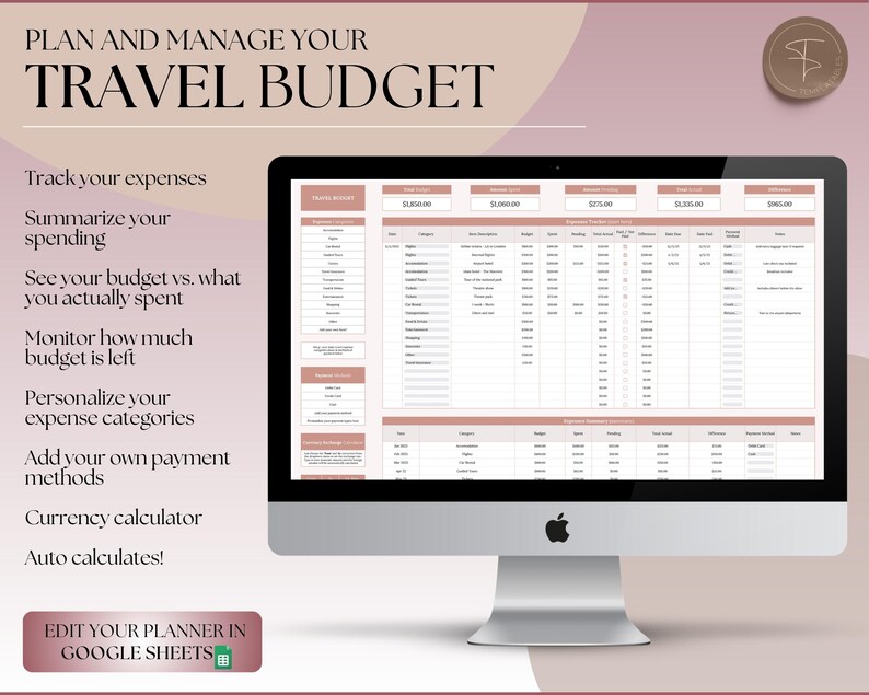Pu&ograve; includere: Uno schermo di computer che mostra un foglio di calcolo con il titolo "Budget di viaggio". Il foglio di calcolo &egrave; diviso in colonne per il budget, la spesa e la differenza. Il foglio di calcolo &egrave; progettato per aiutare gli utenti a tenere traccia delle loro spese di viaggio e rimanere entro il loro budget.
