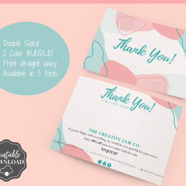 Business Thank You For Your Order Insert Card Template. EDITABLE Parcel Insert, Etsy Order, Small Online, Organic Aqua Line Art, Purchase