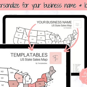 May include: A black and white US state sales map template with a pink and white logo for the company Templatables. The map is divided into states and can be used to track sales by state. The template is customizable with your business name and logo.