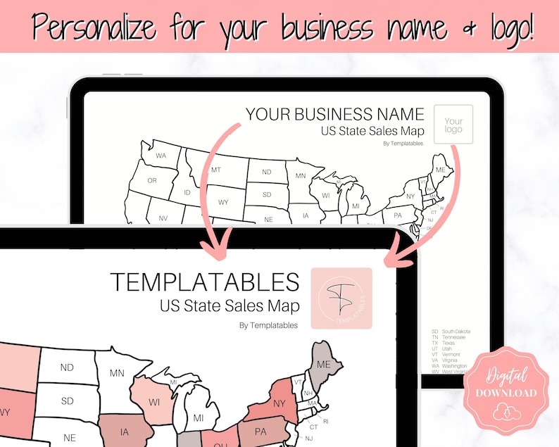 May include: A black and white US state sales map template with a pink and white logo for the company Templatables. The map is divided into states and can be used to track sales by state. The template is customizable with your business name and logo.
