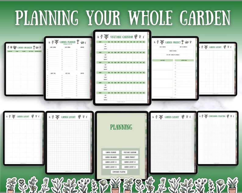 May include: A set of printable garden planning worksheets with a green and white color scheme. The worksheets include sections for garden planner, vegetable calendar, garden project, garden layout, and companion planting.
