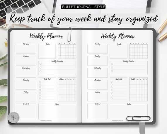 Week at a Glance, Weekly Planner, Bullet Journal Template, Bujo Weekly Schedule, to Do List Printable, Undated, Hourly, 2023, Habit Tracker - Etsy