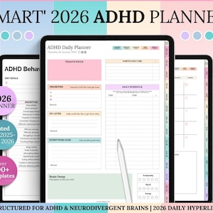 Puede incluir: Planificador digital de TDAH para 2026, diseñado para cerebros neurodivergentes. El planificador presenta un diseño diario con secciones para prioridades, horario y autocuidado. Incluye más de 100 plantillas y calendario.