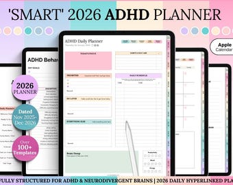 2026 ADHD Daily Planner, COLORFUL GoodNotes Digital Planner for Neurodivergents, Brain Dump, iPad to do list, cleaning, Smart Apple Links