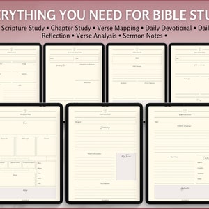 May include: Printable digital planner pages for Bible study. The pages include sections for scripture study, chapter study, verse mapping, daily devotional, daily reflection, verse analysis, and sermon notes.