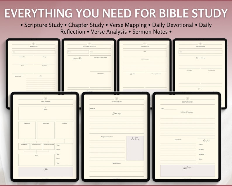 May include: Printable digital planner pages for Bible study. The pages include sections for scripture study, chapter study, verse mapping, daily devotional, daily reflection, verse analysis, and sermon notes.