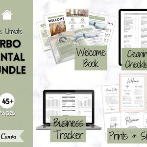 May include: A digital VRBO rental bundle with over 45 pages, including a welcome book, cleaning checklists, business tracker, and prints and signs. The bundle is designed in Canva and features a minimalist design with a green and white color scheme.