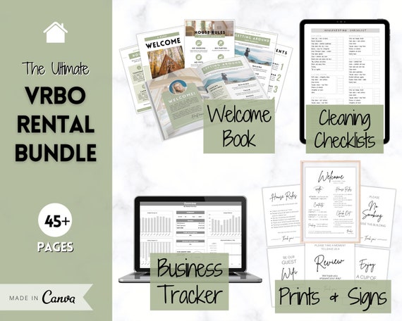 Ultimate VRBO Template BUNDLE! Editable Vacation Rental Sign, Welcome Book Template, Airbnb Cleaning checklist, Business Tracker Spreadsheet