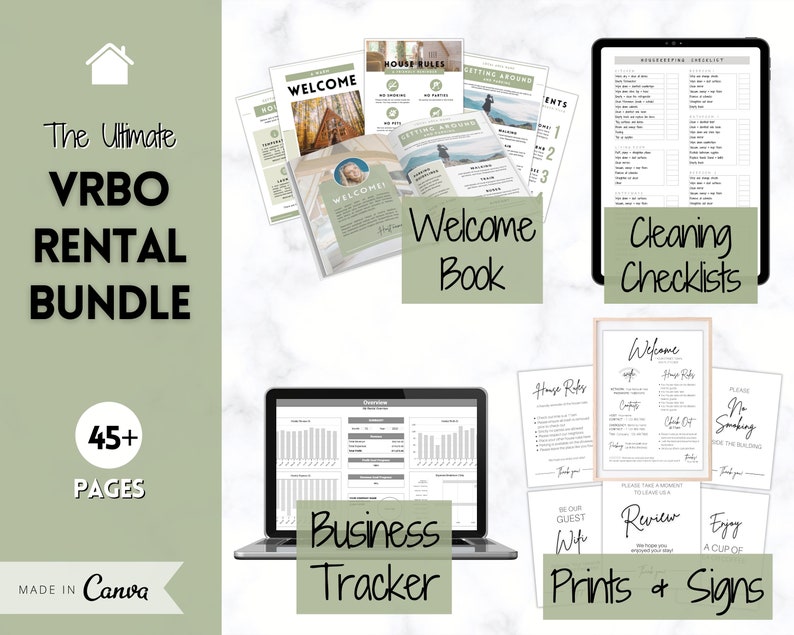May include: A digital VRBO rental bundle with over 45 pages, including a welcome book, cleaning checklists, business tracker, and prints and signs. The bundle is designed in Canva and features a minimalist design with a green and white color scheme.
