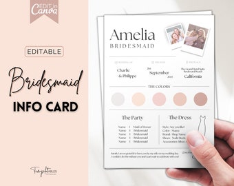 Bridesmaid Information Card, Editable Bridesmaid Info Card, Wedding Info, Wedding Infographic, Canva, Wedding details & Itinerary, proposal