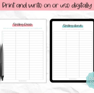 May include: A white printable spelling check worksheet with a pen next to it, and a digital tablet with a spelling words worksheet. The text at the top says "Print and write on or use digitally". The worksheets are labeled "Spelling Check" and "Spelling Words".