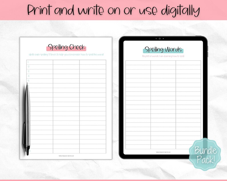 May include: A white printable spelling check worksheet with a pen next to it, and a digital tablet with a spelling words worksheet. The text at the top says "Print and write on or use digitally". The worksheets are labeled "Spelling Check" and "Spelling Words".