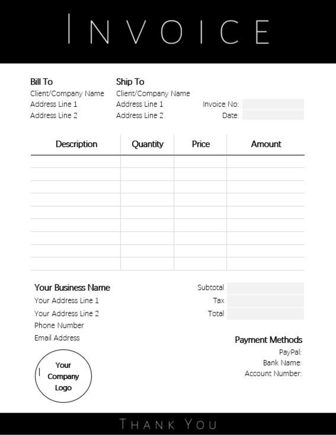 INVOICE TEMPLATE Order Form EDITABLE Custom Receipt