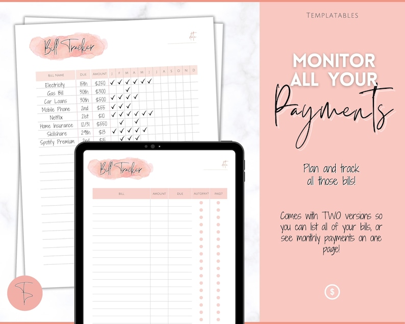 Bill Payment Tracker Printable Monthly Bill Organizer & - Etsy
