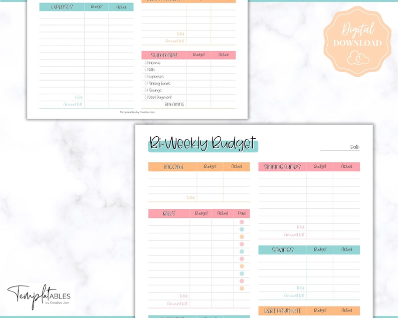 May include: A printable bi-weekly budget planner with sections for income, bills, savings, sinking funds, and direct payments. The planner has a peach, teal, and light blue color scheme.