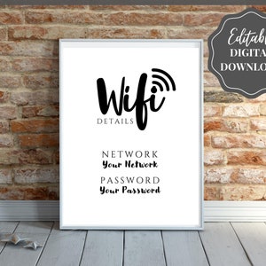 Znak hasła Wi-Fi, edytowalny szablon znaku Wi-Fi do druku, znak Be Our Guest, znak hasła Wi-Fi, pokój gościnny Airbnb, sztuka ścienna, wystrój, Wi-Fi zdjęcie 1