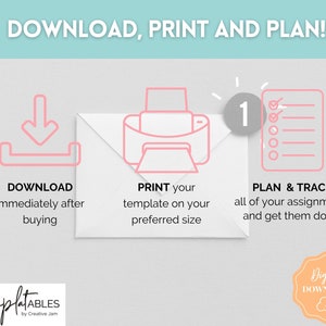 May include: A pink and white illustration showing the steps to download, print, and plan. The steps are represented by a download icon, a printer icon, and a checklist. The text "DOWNLOAD, PRINT AND PLAN!" is at the top of the image. The text "TemplatABLES by Creative Jam" is at the bottom of the image.