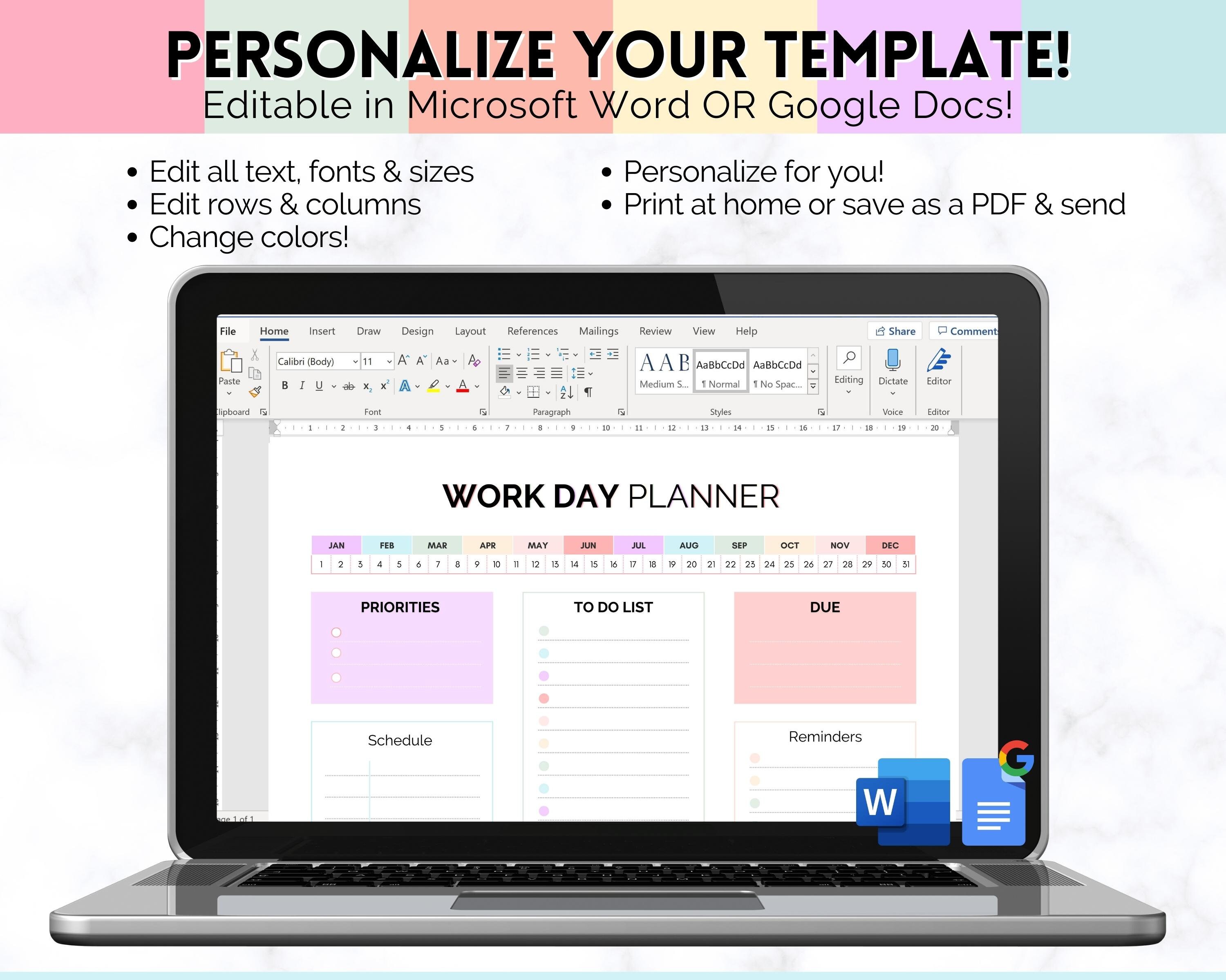 EDITABLE Daily Planner, Work Day Organizer, Work From Home to Do List ...