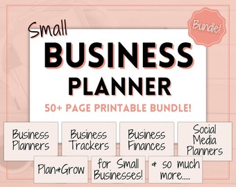 May include: A printable business planner bundle for small businesses. The bundle includes planners for business finances, social media, and trackers. The text "Plan + Grow" and "for Small Businesses!" is included in the image. The image has a pink background with a white border.