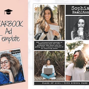 Plantilla de anuario, anuncio de graduación de escuela superior y secundaria, anuncio de graduación, anuario escolar, página completa, tarjeta fotográfica, anuncio de anuario, tributo de graduación