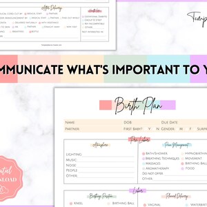 Op de afbeelding: Een printbare checklist voor een geboorteplan met secties voor sfeer, pre-labor, pijnmanagement, bevalling, geboortepositie en geplande bevalling. De checklist bevat opties voor verlichting, muziek, geluid, mensen, bad/douche, ademhalingstechnieken, massages, aromatherapie, hypnobirthing, beweging, geboortebal, eten, knielen, geboortebal, vaginaal en watergeboorte.