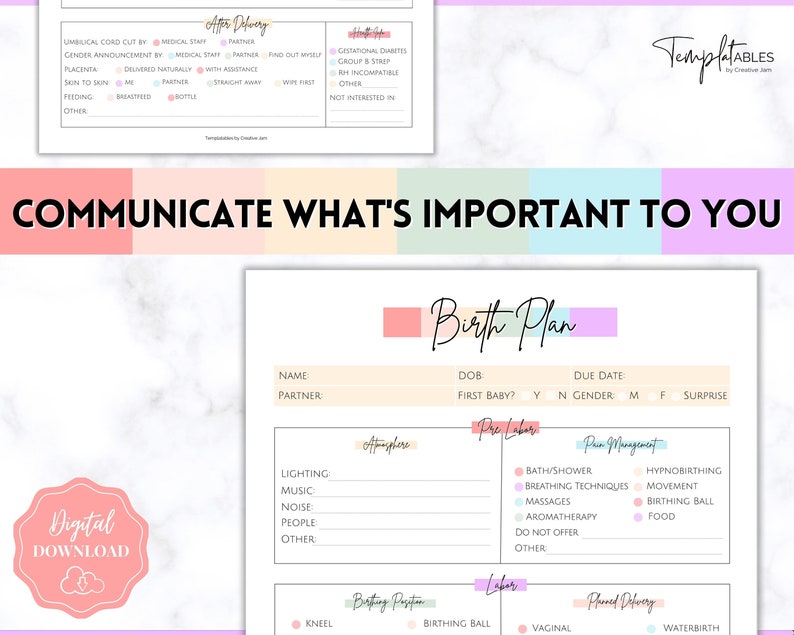 Op de afbeelding: Een printbare checklist voor een geboorteplan met secties voor sfeer, pre-labor, pijnmanagement, bevalling, geboortepositie en geplande bevalling. De checklist bevat opties voor verlichting, muziek, geluid, mensen, bad/douche, ademhalingstechnieken, massages, aromatherapie, hypnobirthing, beweging, geboortebal, eten, knielen, geboortebal, vaginaal en watergeboorte.