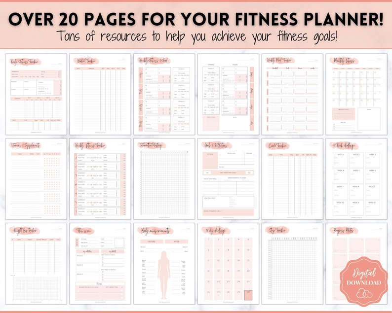 May include: A printable fitness planner with over 20 pages. The planner includes pages for tracking workouts, meals, weight, and progress. The pages are designed with a pink and white marble background.