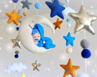 Moon and Stars Crib Mobile: Navy Blue Nursery Decor