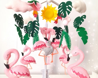 Pink flamingo baby mobile, Tropical baby crib mobile, Floral room decor, Safari nursery baby mobile, Family crib cot mobile, Baby girl gift