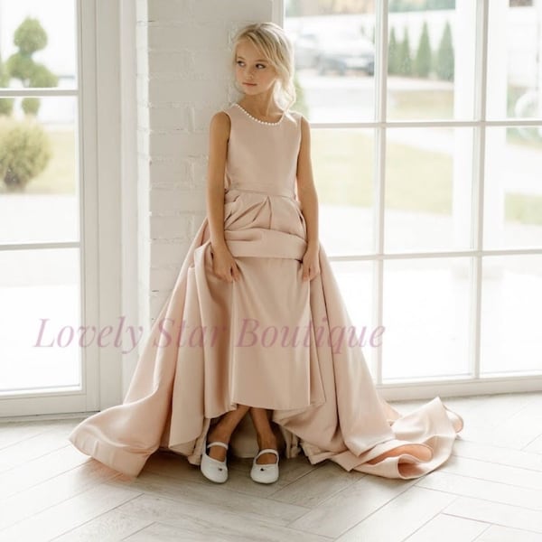 First communion dress, Satin flower girl dress, Flower girl dress train,Tutu dress,Pearl flower girl dress,Toddler dress,Princess girl dress