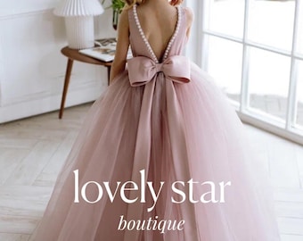 Pearl flower girl dress,Girl wedding dress,Tulle flower girl dress,Girl ball gown,Dress with train,Simple flower girl dress,Satin girl dress