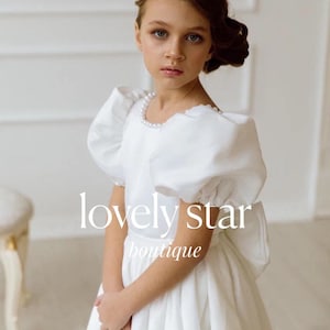 Junior bridesmaid dress,Handmade girls dress,Satin baby dress,Pearl flower girl dress,Girl wedding dress,Girl formal dress,Ivory girl dress