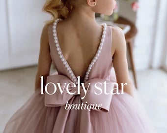 Satin flower girl dress,Girl party dress,Tulle flower girl dress,Girl ball gown,Dress with train,Blush flower girl dress,Toddler girl dress