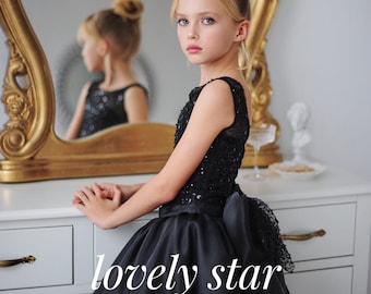 Sparkling dress toddler,Black flower girl dress,Girl wedding dress,Satin girls dress,Girl party dress,Sleeveless dress,Dress with bow