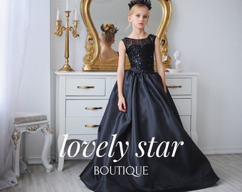 Girl party dress,Black flower girl dress,Glitter dress girl,Princess dress,Photoshoot dress,Elegant toddler dress,Satin flower girl dress