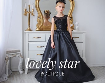 Robe de fête de fille, robe de fille de fleur noire, fille de robe de paillettes, robe de princesse, robe de séance photo, robe élégante pour tout-petit, robe de fille de fleur en satin