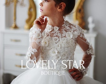 Lace flower girl dress Tutu dress Long train flower girl dress Baby tulle dress Girl wedding dress First communion dress White girl dress