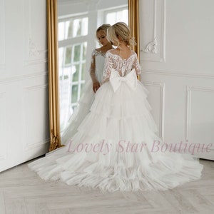Robe de première communion, robe de mariée fille, robe de fille de fleur en dentelle, robe Tutu, robe de fille de fleur Tulle, robe en satin pour tout-petits, manches de robe de fille