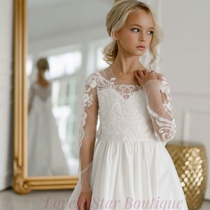 Flower girl dress long sleeve, Lace flower girl dress, Tulle girl dress, Rustic flower girl dress, Satin girl dress, First birthday dress