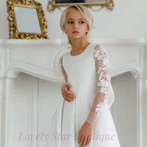 Satin flower girl dress Girl wedding dress Lace flower girl dress Toddler dress with train Tulle girl dress Rustic flower girl dress