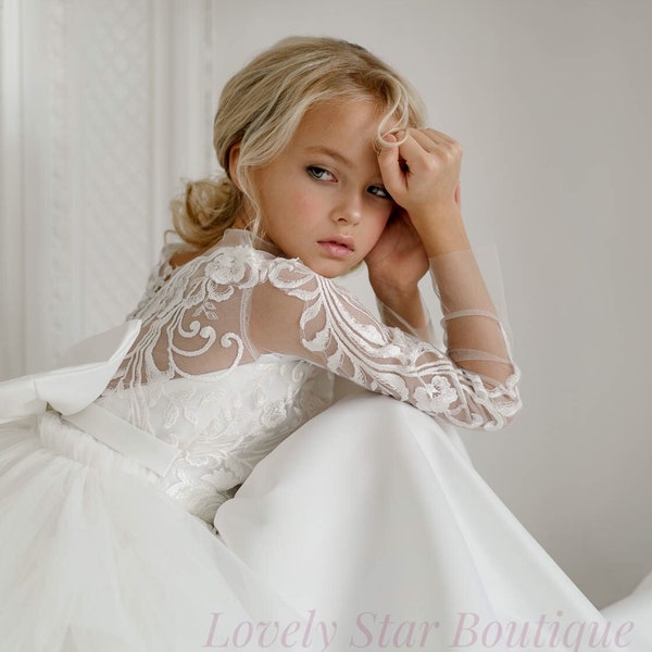 Erste Kommunion Kleid, Mädchen Hochzeitskleid, Spitze Blumenmädchen Kleid, Tutu Kleid, Tüll Blumenmädchen Kleid, Kleinkind satin Kleid, Mädchen Kleid Ärmeln