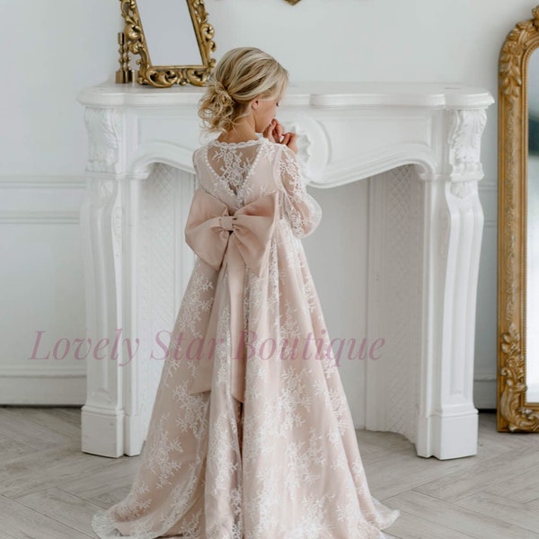 Holy communion dress, Girl dress with pearl,Lace flower girl dress,Junior bridesmaid dress,Satin girl dress,Girl cape,Boho flower girl dress