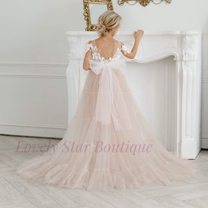 Girl dress with train Lace flower girl dress Princess girl dress Tulle girl dress Tutu dress First birthday dress Toddler dress Long dress